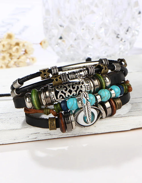Load image into Gallery viewer, Boho Stone Feather Multilayer Leather Bracelets Eye Fish Charm Bead Bracelet for Women Men Vintage Punk Wrap Set Couple Bangle
