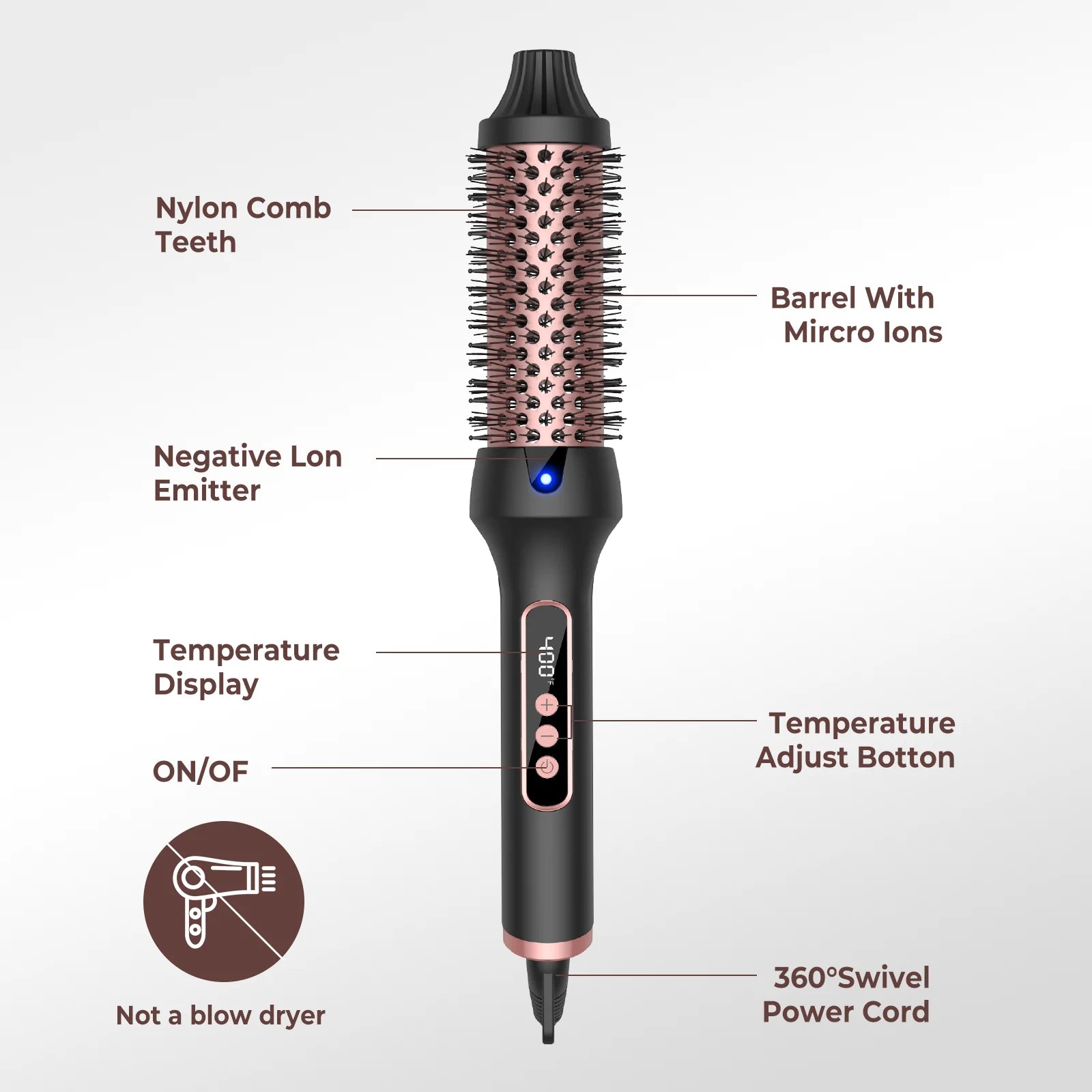 Thermal Brush Curling Iron 9 Temps Heated Round Brush Thermal Round Brush with LCD Display Hair Curler Hair Styling Tools
