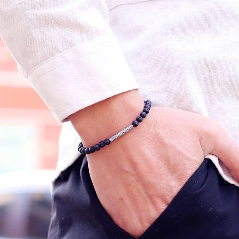 New 4mm Stone Bracelet Men Natural Volcanic Rock Tiger Eye Braslet Beaded Silver Color Hematite Elastic Braclet Pulsera Hombre