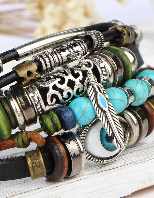 Load image into Gallery viewer, Boho Stone Feather Multilayer Leather Bracelets Eye Fish Charm Bead Bracelet for Women Men Vintage Punk Wrap Set Couple Bangle
