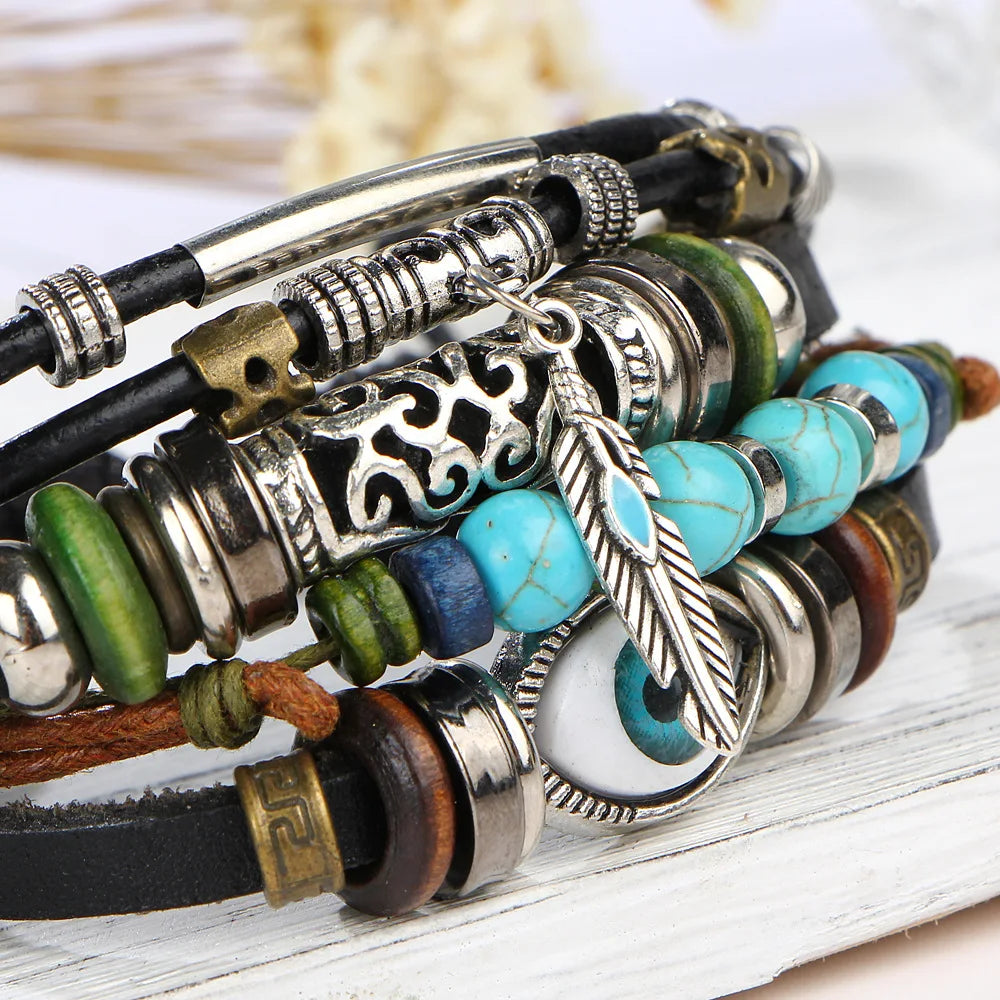 Boho Stone Feather Multilayer Leather Bracelets Eye Fish Charm Bead Bracelet for Women Men Vintage Punk Wrap Set Couple Bangle