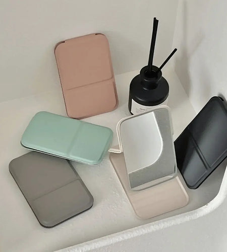 Desktop Makeup Mirror Solid Color PU Leather Simple Portable Handheld Makeup Mirror Foldable Student Compact Cute Pocket Mirror