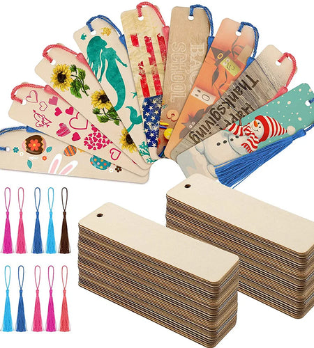 10/20/60Pcs Wood Bookmark Bulk Blank Hanging Label Wooden Bookmarks Sign Unfinished Label Ornaments With Tassel Ropes DIY Crafts
