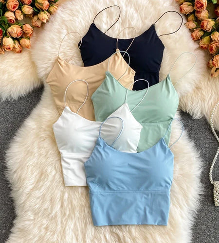 Women Crop Tops Sexy Solid Color Camisole Ice Silk Tube Top Seamless Sports Tank Top Wireless Underwear Padded Bra Bralette Vest